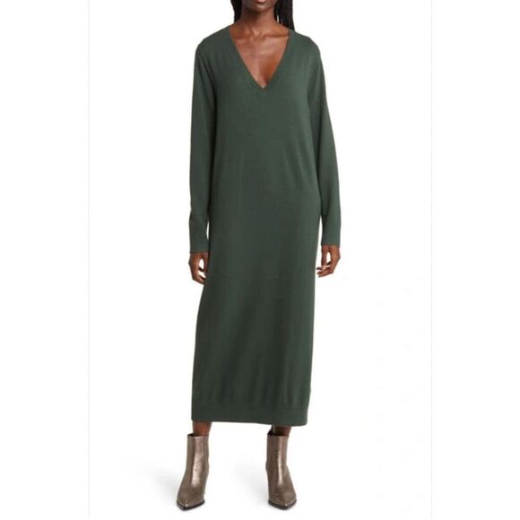 TREASURE & BOND Long Sleeve V-neck Midi Sweater Dress In Green Wood‎ Medium - Picture 1 of 10